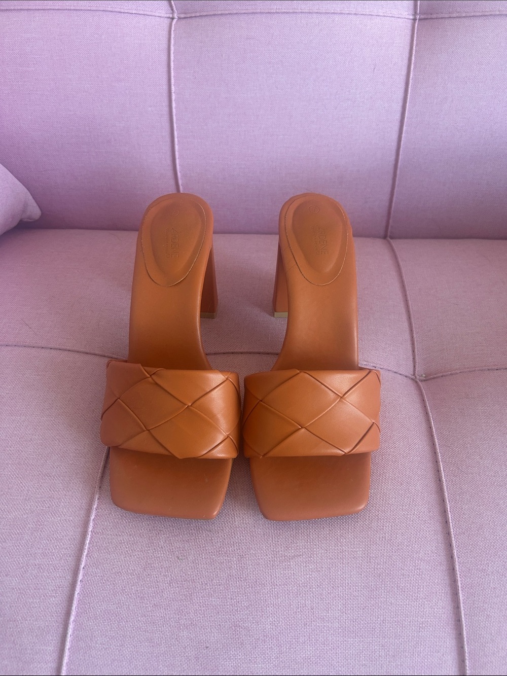 Woven Square-Toe Slide Heels in Cognac
